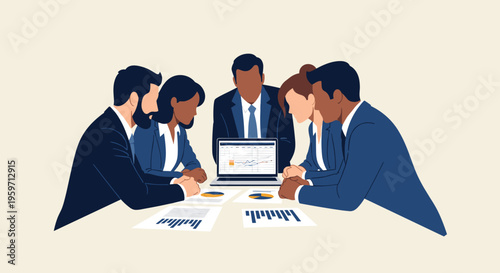 Flat minimalist corporate finance illustration of business team reviewing financial report b