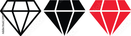 Diamond icon set with 3 vector elements, minimalist gemstone symbols in outline and solid black and red, luxury jewelry and premium quality logos