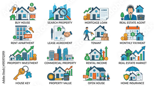 A collection of colorful real estate icons on a transparent background, representing various aspects of property buying and selling.