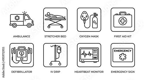 Minimalist emergency medical icons set, clean black-and-white healthcare essentials illustration
