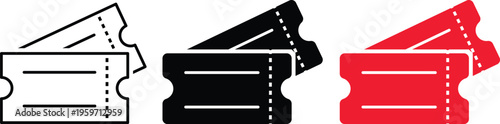 Cinema ticket vector icons in outline and solid styles. Movie theater admission pass set. Red and black event entry coupons for entertainment.