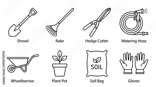 Minimalist gardening tools icons set, clean black-and-white outdoor planting essentials illustration
