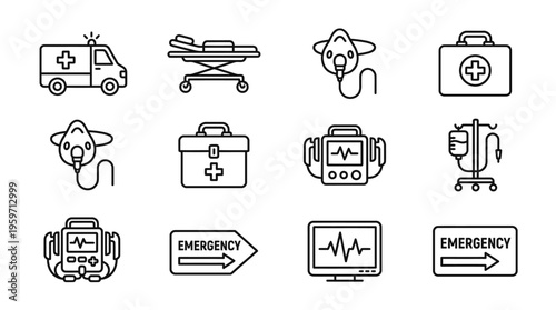 Minimalist emergency medical icons set, clean black-and-white healthcare essentials illustration
