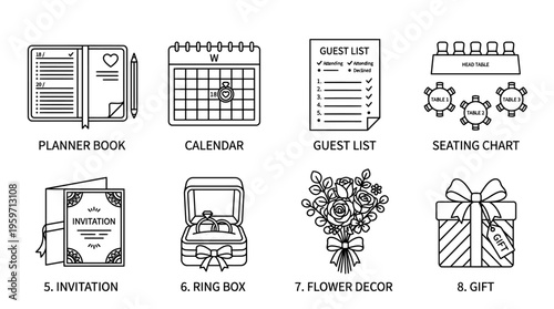 Minimalist wedding planning icons set, clean black-and-white marriage essentials illustration