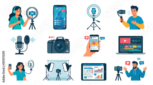 A collection of various digital media and recording equipment illustrations on a transparent background