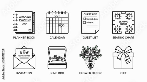 Minimalist wedding planning icons set, clean black-and-white marriage essentials illustration