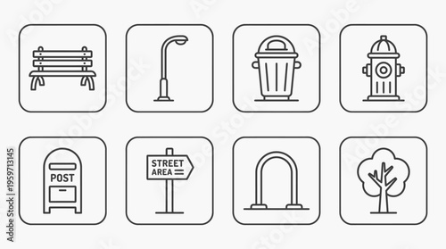 Minimalist outdoor public icons set, clean black-and-white urban infrastructure essentials illustration