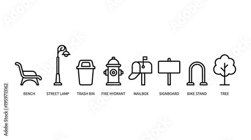 Minimalist outdoor public icons set, clean black-and-white urban infrastructure essentials illustration