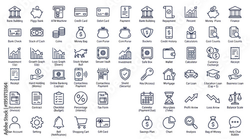 A collection of various financial icons and symbols on a transparent background
