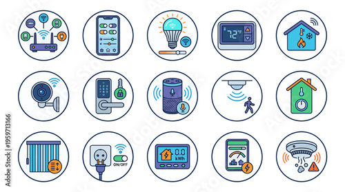 A collection of smart home icons on a transparent background for modern technology and automation concepts