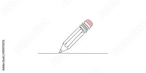 A pencil with pink eraser drawing a line on white background art illustration stationery