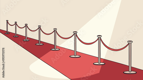 Elegant red carpet with velvet ropes, VIP event entrance concept, luxury lifestyle illustration, minimalist flat vector perfect for awards, cinema, and exclusive events.