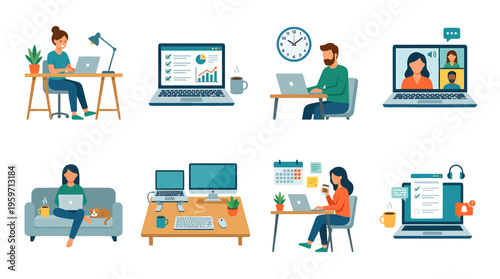 A group of people working remotely on laptops in various settings