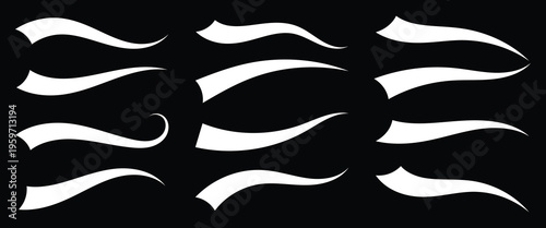 Decorative calligraphy stroke and flourish icon collection, elegant graphic group of handwritten ornaments, elements for typography, wedding, and invitations. Isolated on black background.
