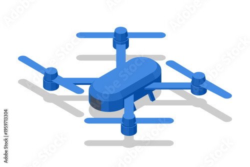 Isometric quadcopter drone isolated. Compact unmanned aircraft with four rotors, landing gear represents aerial technology, remote control flight, surveillance, delivery, modern automation