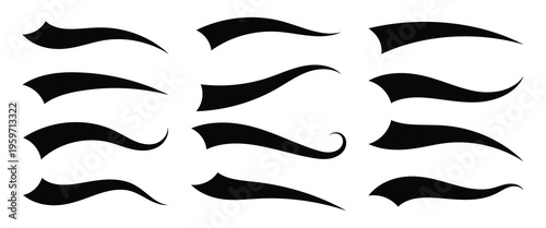 Set of Swoosh and swoop underline typography tails shape in flat styles. Swoosh line vector, underline swish, stroke swash swirl, Brush drawn curved smear. Hand drawn curly swish .eps10.