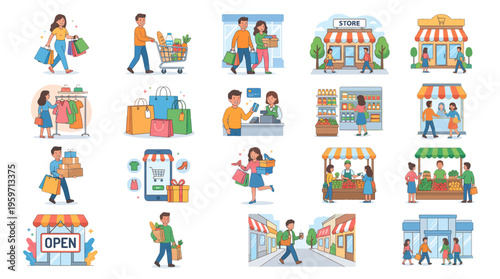 A colorful illustration of people shopping at various stores and carrying bags