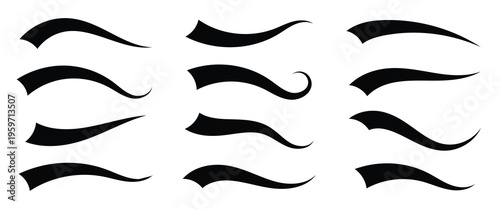Set of Swoosh and swoop underline typography tails shape in flat styles. Swoosh line vector, underline swish, stroke swash swirl, Brush drawn curved smear. Hand drawn curly swish .eps10.