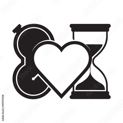 A black and white graphic depicts a heart embracing a stopwatch and an hourglass symbolizing time and love