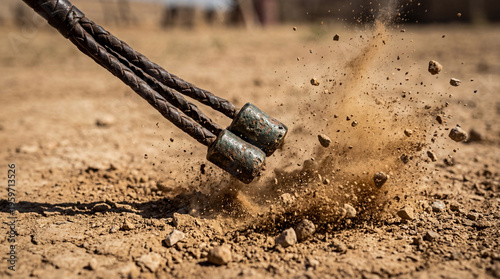Whip striking ground creates dramatic dust cloud