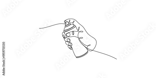 Continuous line drawing of a hand holding a spray can in mid action graffiti