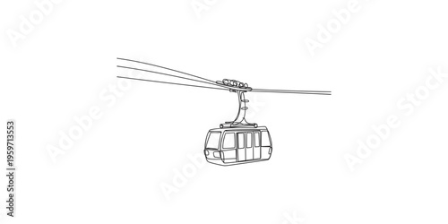 Aerial cable car cabin suspended from overhead cables in a simple line drawing style