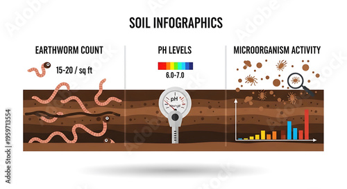 A colorful vector graphic illustration of soil infographics showing earthworm count, pH levels, and microorganism activity.