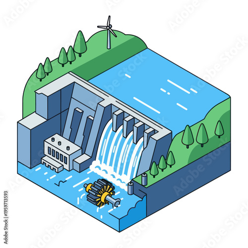 Isometric Hydroelectric Dam Illustration - Sustainable Energy and Renewable Power Generation.