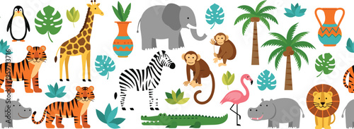 Large collection of flat vector safari and jungle animals including elephant tiger lion giraffe zebra monkeys and tropical plants isolated on white background