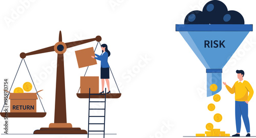 Professional business people balancing risk and return on scales with money coins and filter funnel for investment management and financial decision making strategy.