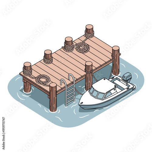 Isometric Illustration of a Dock with Boat Moored Alongside.
