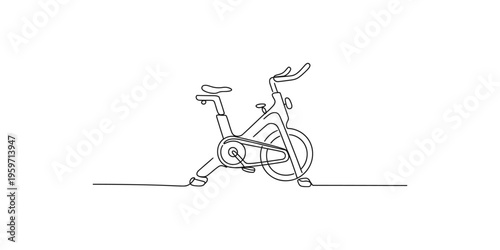 Continuous line drawing of an exercise bike on a white background for fitness concepts