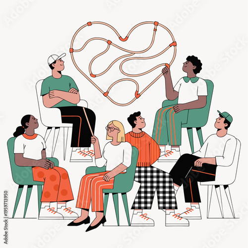 Diverse donors sitting in chairs, connected by tubes forming a big heart shape