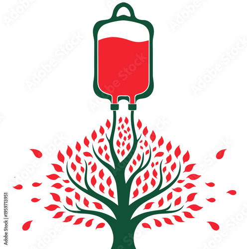 Blood bag turning into a blooming tree with red leaves shaped like drops