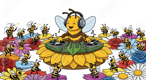 A cheerful cartoon bee DJ spinning music on a turntable surrounded by dancing bees and colorful flowers