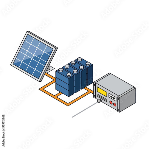 Solar Panel System with Batteries and Inverter Illustration.