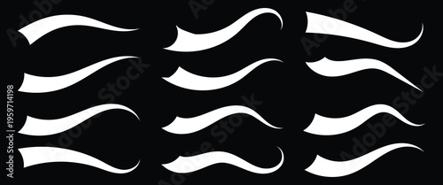 Swirl sport typography element, isolated curly text pennants. Black retro calligraphy strokes or ornament designs set. Swish typography font elements. EPS10.