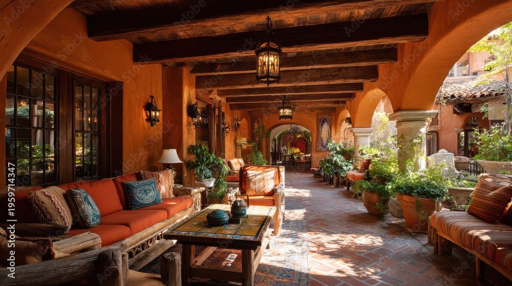 Fototapeta premium Upscale covered courtyard with terracotta flooring, Talavera tiles, and lush greenery