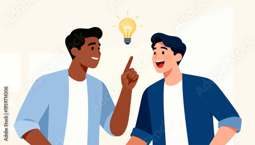 Two men smile warmly, sharing a bright idea. One gestures upward, pointing to a glowing lightbulb. Their expressions show excitement and mutual understanding. Ideal for business, education