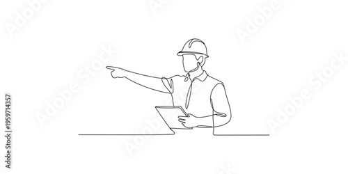 Continuous line drawing of a construction worker with a tablet pointing hard hat one