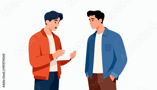Two men converse, one holding a sheet. They stand close, sharing an earnest exchange. One gestures, the other listens intently. This scene suits business, team meetings, or mentorship