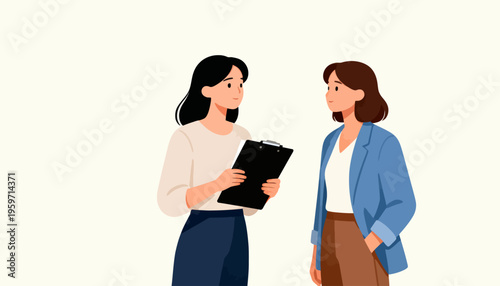 Two women converse in a calm, professional setting. One holds a clipboard, suggesting planning or review. Their expressions show attentiveness and mutual respect. Ideal for workplace, mentorship