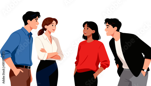 Four people chat casually in a bright, friendly setting. Their relaxed postures suggest genuine conversation. The photo style is clean and modern. Ideal for workplace, team, or networking themes
