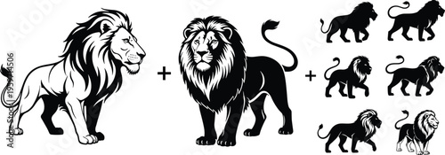 Set of majestic lion mascot vectors including detailed head profiles and full body silhouettes in black and white for logo design and branding.