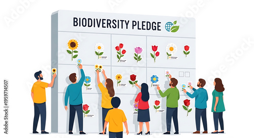A group of people standing in front of a large wall with a biodiversity pledge, adding colorful flowers to the display.