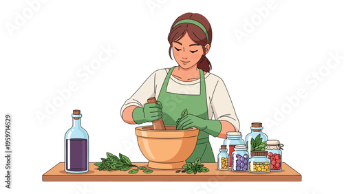 Herbalist at Work: An herbalist carefully grinds herbs in a wooden mortar, surrounded by an assortment of ingredients, preparing a natural remedy.