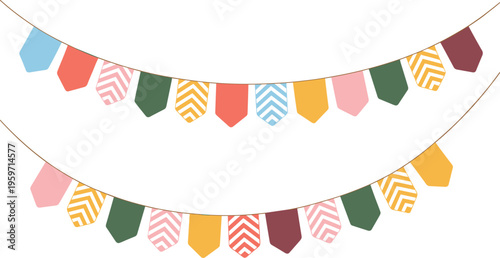 Colorful bunting flags vector illustration, festive garland decoration, party banner design elements set