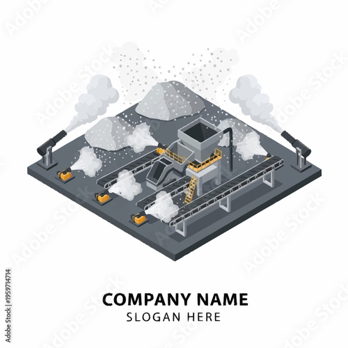 Isometric illustration of an industrial facility with conveyor belts, machinery, and smoke stacks, representing a manufacturing or processing plant.