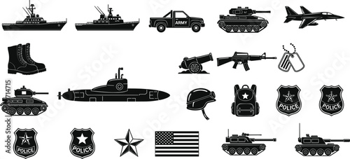 Military and Law Enforcement Icon Set with Vehicles, Weapons, Police Badges, and Army Equipment Symbols