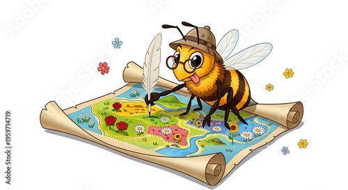 A cartoon bee wearing glasses and a hat draws on a colorful map with a quill pen, surrounded by flowers.